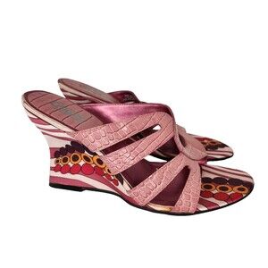 Carlos Santana Brazillian Leather Wedge Heel Sandal Pink Retro Women's SZ 8.5 M